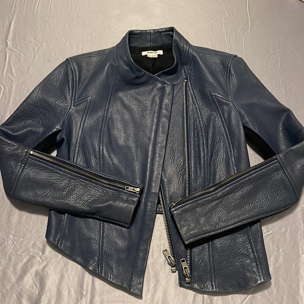 HELMUT LANG blue asymmetrical lamb skin cropped leather jacket with zipper